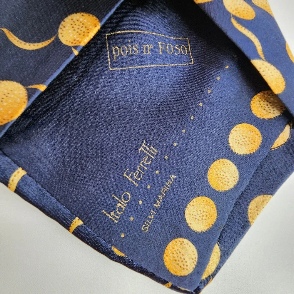 Italo Ferretti Tie 100% Silk Hand Made in‎ Italy Modern Big Polka Dot Blue Gold